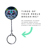 Retractable ID Badge Reel - Sugar Skull Cat With Purple Eyes
