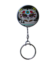 Retractable ID Badge Reel - Sugar Skull Cat With Purple Eyes