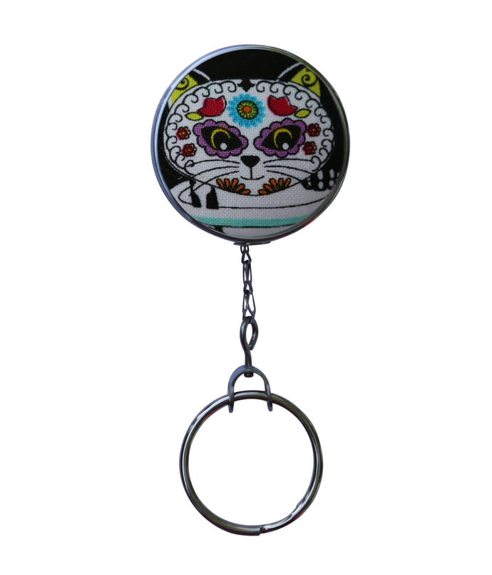 Retractable ID Badge Reel - Sugar Skull Cat With Purple Eyes