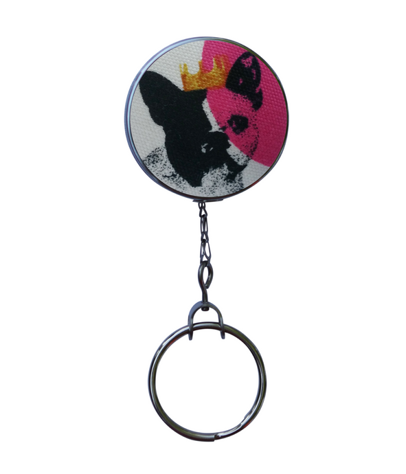 Retractable ID Badge Reel - Pink French Bulldog Wearing Crown